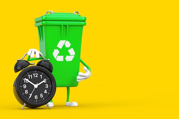 Recycle Znak Green Garbage Trash Bin Maskotka Znaków Z Budzikiem Na Białym Tle. Renderowanie 3d