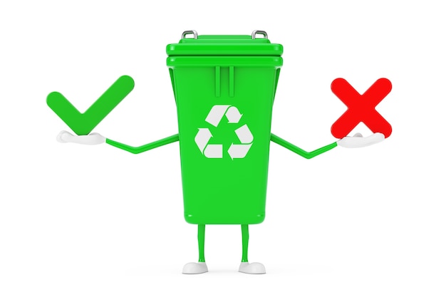 Recycle znak Green Garbage Trash Bin maskotka znaków z czerwonym krzyżem i zielonym znacznikiem wyboru, potwierdzenie lub odmowa, tak lub nie ikona znak na białym tle. Renderowanie 3D