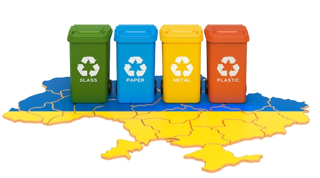 Recykling odpadów na Ukrainie Kolorowe pojemniki na śmieci na mapie Ukrainy Rendering 3D wyizolowany na białym tle