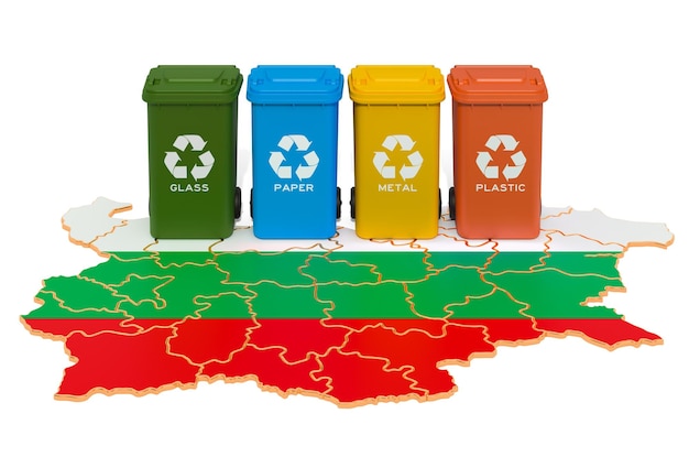 Recykling odpadów w Bułgarii Kolorowe kosze na śmieci na mapie Bułgarii renderowania 3D