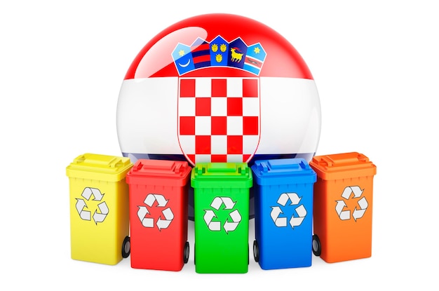 Recykling odpadów w Chorwacji Kolorowe pojemniki recyklingu z chorwacką flagą renderowania 3D samodzielnie na białym tle