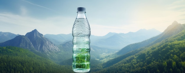 Recykling plastikowej butelki z czystą górską wodą w przyrodzie banner sezonu letniego Generative Ai