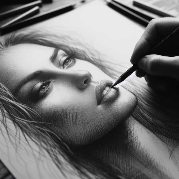 Zdjęcie ręczne rysowanie portretu kobiety ołówkiem