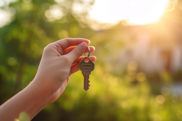 Ręczne trzymanie kluczy przed nowym domem Koncepcja kupowania, wynajmu lub sprzedaży nieruchomości Generatywna sztuczna inteligencja