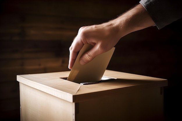 Ręczne wkładanie karty do głosowania do drewnianej urny Generative AI