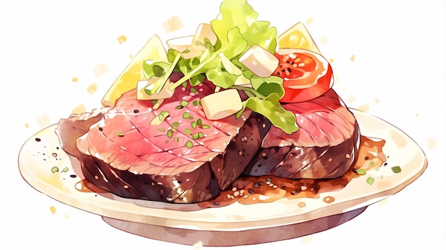 Ręcznie malowane kreskówka piękny stek dla smakoszy akwarela ilustracja