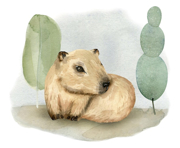 Ręcznie narysowana akwarela Słodkie zwierzę małe Capybara
