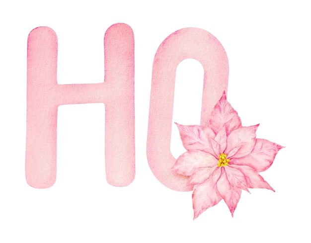 Ręcznie narysowana akwarela z ilustracją frazy Świętego Mikołaja Ho Ho Ho i kwiatu świątecznego w kolorze różowym