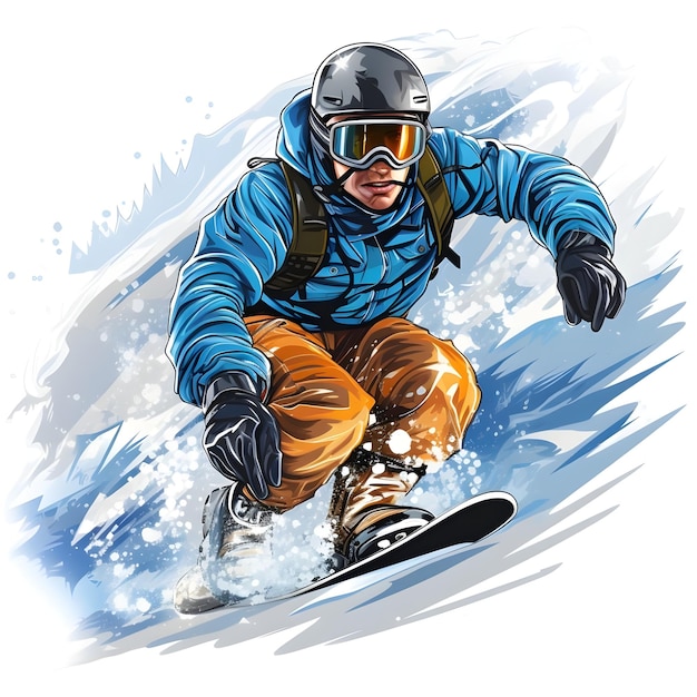 Ręcznie narysowana cyfrowa ilustracja snowboarda snowboarda w sezonie zimowym sportów śnieżnych