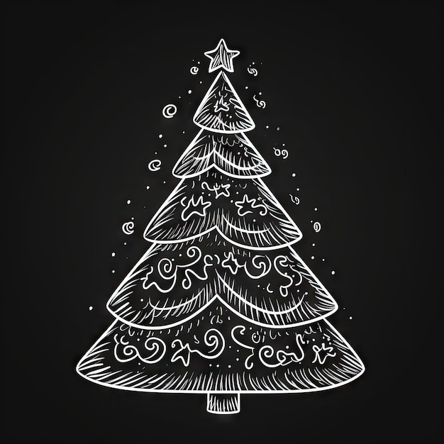 Ręcznie narysowana ikona szkicu drzewa świątecznego Drzewo Xmas Doodle na czarnej tablicy Tło Nowy rok Scribble Fir Symbol Sign Silhouette Generative AI Ilustracja