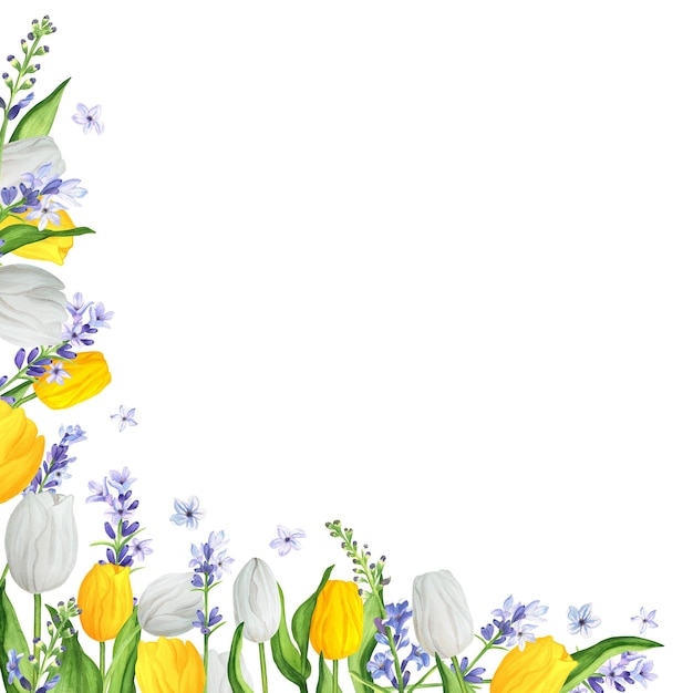 Zdjęcie ręcznie narysowana ilustracja akwarelowa w lewym dolnym rogu z kolorowymi białymi i żółtymi tulipanami i