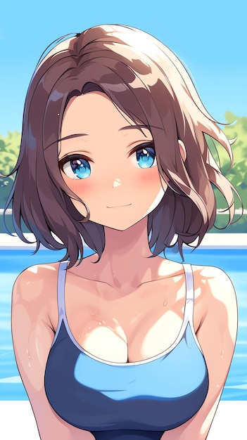 Ręcznie narysowana ilustracja anime pięknej dziewczyny w kostiumie kąpielowym w letnim basenie