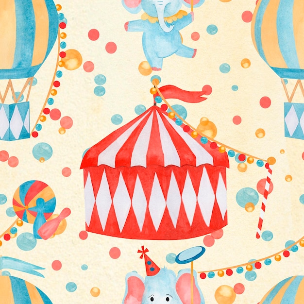 Ręcznie narysowana ilustracja cyrkowa w akwarelach z słoniami, balonami, namiotami i kolorowymi dekoracjami na żółtym tle dla dzieci, zaproszeń na imprezy, dekoracji przedszkola lub zabawnych projektów papierniczych