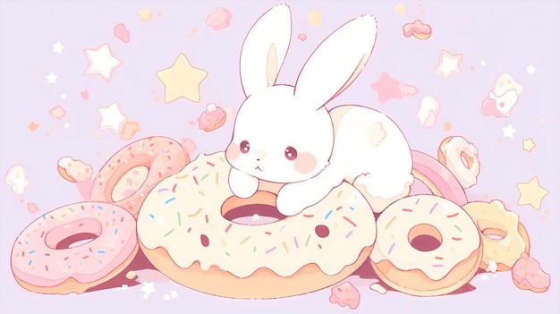 ręcznie narysowana ilustracja kreskówki uroczego króliku jedzącego ciasto deserowe
