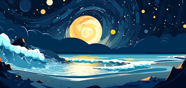 Ręcznie narysowana ilustracja kreskówkowa plaży pod pięknym nocnym niebem