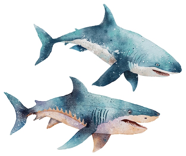 Ręcznie narysowana ilustracja oceaniczna o rekinie akwarelowym