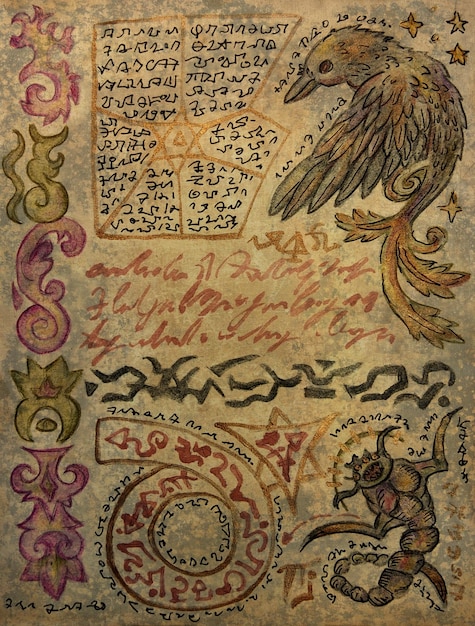 Ręcznie narysowana ilustracja ozdobionej starej strony z dziwnymi stworzeniami i mistycznymi symbolami
