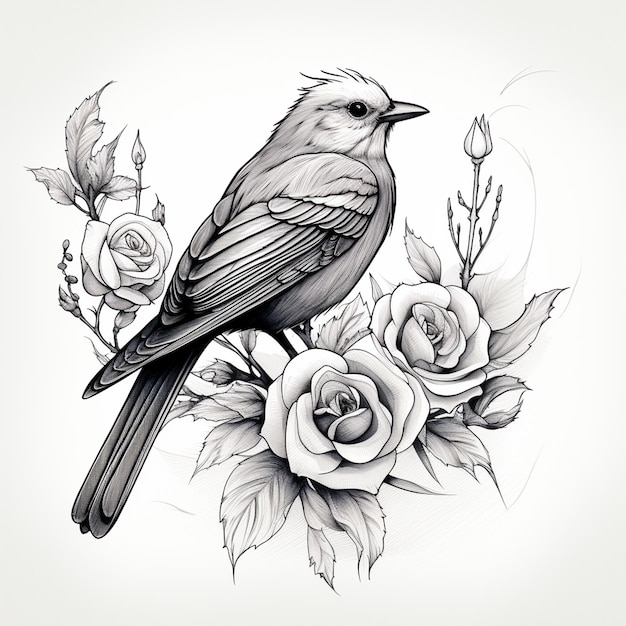 Ręcznie narysowana ilustracja ptaka z różą
