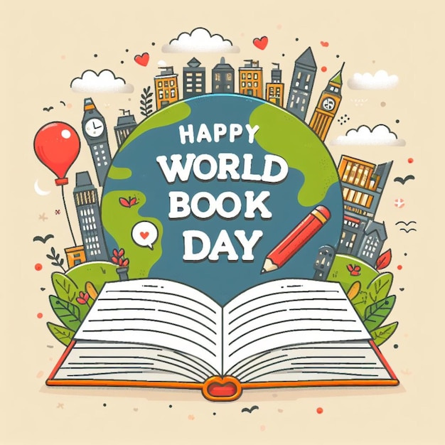 Ręcznie narysowana ilustracja Światowego Dnia Książki z stosem książek
