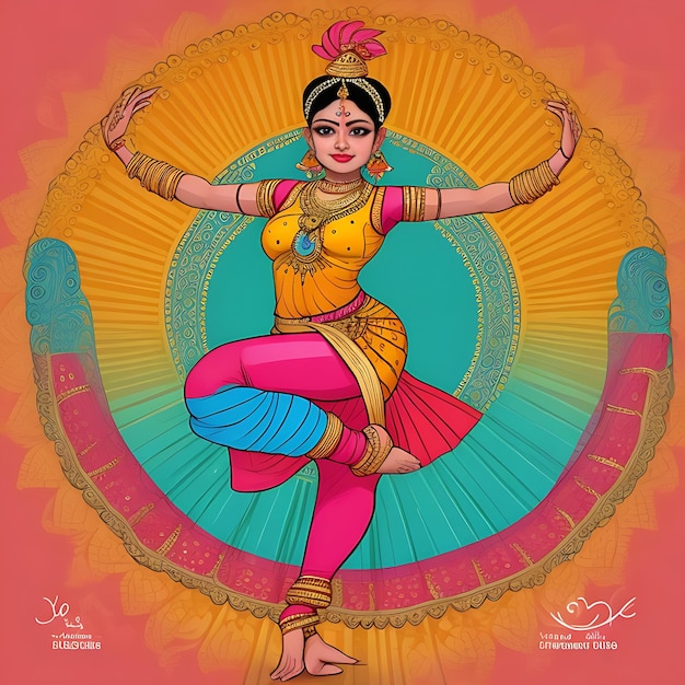 Ręcznie narysowana ilustracja tancerki bharatanatyam kobiety tańczące