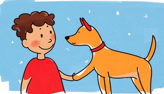 Ręcznie narysowana ilustracja z dzieckiem i psem bawiącymi się razem z Simple