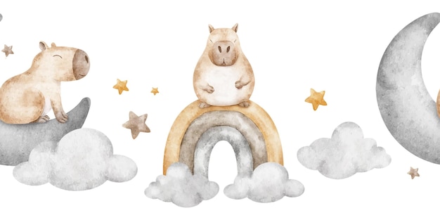 Ręcznie narysowane akwarele bezszwowe granice marzone kapybary na niebie wśród chmur i gwiazd Capybara na tęczy i półksiężycu Horyzontalne tło do tapety w pokoju dziecięcym baby shower