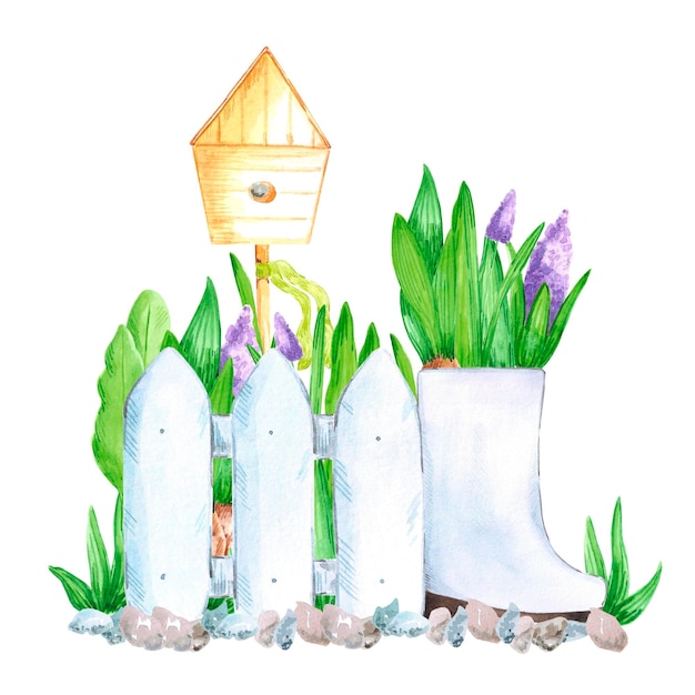 Ręcznie narysowane akwarele kwiaty ogrodu wiosennego z gumowymi butami, domek dla ptaków i ogrodzenie na białym tle