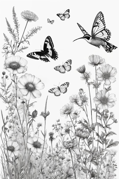 Ręcznie narysowane czarno-białe kwitnące kwiaty motyle ptaki na pustym
