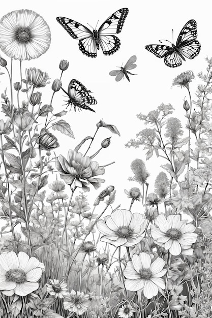 Ręcznie narysowane czarno-białe kwitnące kwiaty motyle ptaki na pustym