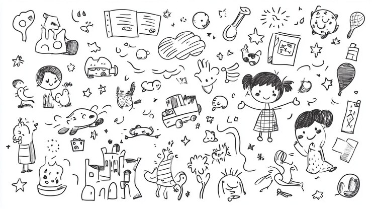 Zdjęcie ręcznie narysowane dzieci doodle set ilustracja wektorowa