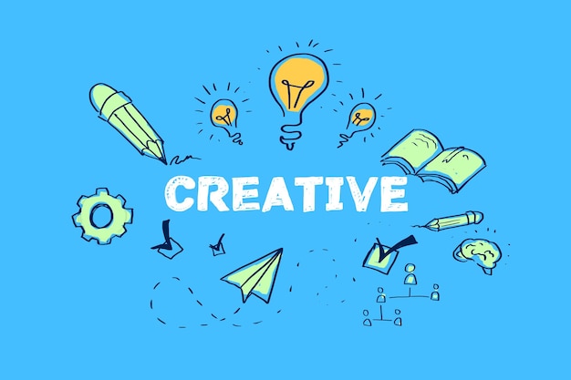 Ręcznie narysowane elementy innowacji i generowania pomysłów ze słowem CREATIVE na niebieskim tle symbolizującym kreatywność