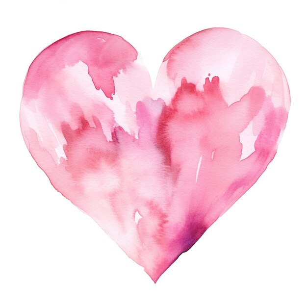 Ręcznie narysowane różowe akwarelowe serce z miękkim nierównomiernym praniem i subtelnymi odmianami odcienia na białym tle