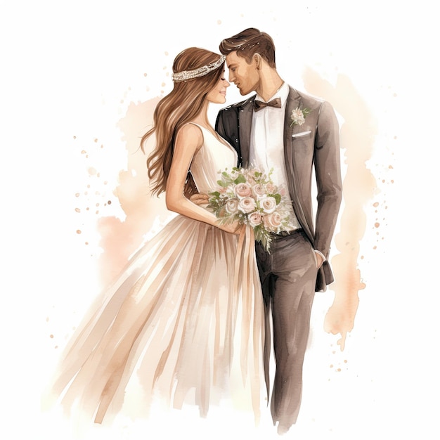Ręcznie narysowany akwarel w minimalnym stylu kreskówkowy kochanek para ceremonia ślubu