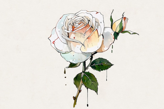Zdjęcie ręcznie narysowany akwarel z atramentem krwawiącej białej róży