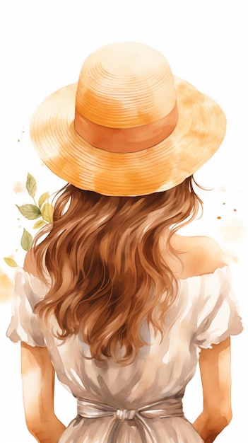 Zdjęcie ręcznie narysowany kreskówkowy wiosenny akwarel ilustrujący dziewczynę w słomkowym kapeluszu z tyłu