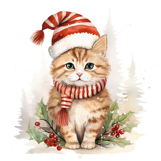 Ręcznie narysowany uroczy kot bożonarodzeniowy akwarelowy styl świąteczny Clipart izolowany na białym tle