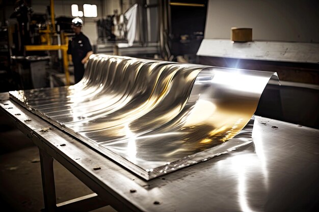 Ręcznie polerowany metal w postaci cienkiej i szerokiej folii na stole w generatywnej fabryce przemysłu aluminiowego ai
