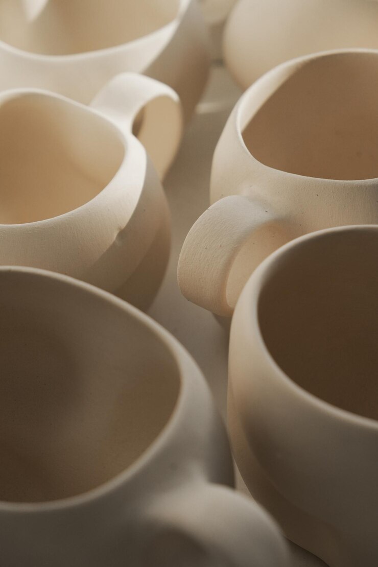 Zdjęcie ręcznie robione kubki ceramiczne w glinianym warsztacie modelarskim