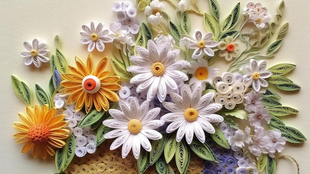 Ręcznie robiony papierowy kawałek z kwiatami i żółtym tłem.