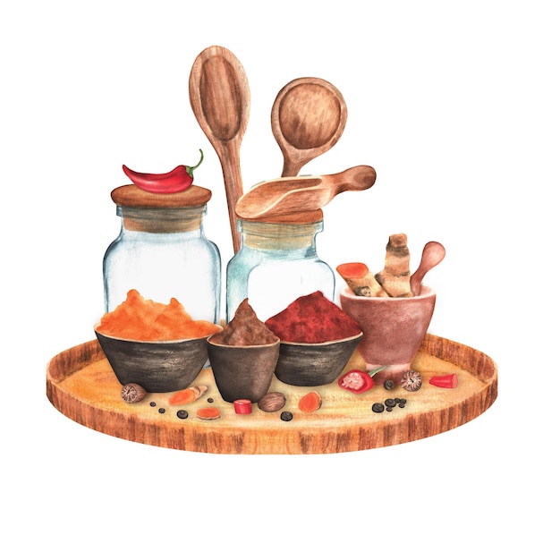 Ręcznie rysowana akwarela kompozycja kuchenna z przyprawami