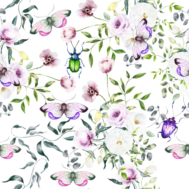 Ręcznie Rysowane Akwarela Bezszwowe Wzór Jasne Kolorowe Realistyczne Motylesplashesbug I Kwiaty Sztuka Mieszana