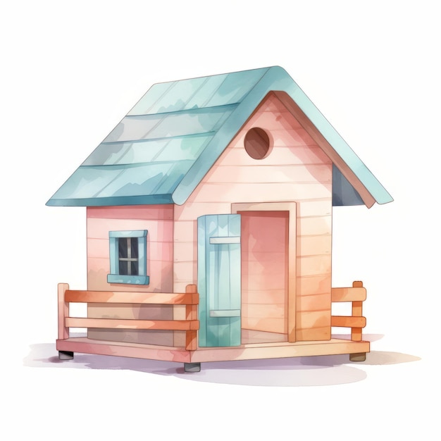 Ręcznie rysowane akwarela ilustracja drewnianego domu psa na białym tle
