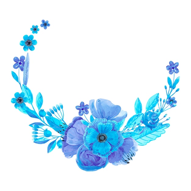 Ręcznie rysowane akwarela niebieskie kwiaty i wieniec liści izolowany na białym Może być używany do etykiet zaproszeń wzorów kart