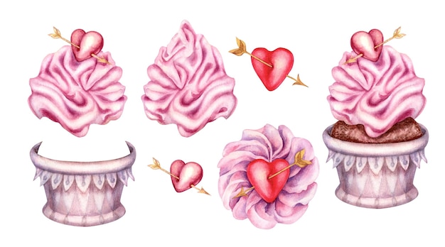 Ręcznie rysowane akwarela różowa babeczka z sercem na walentynki, ślub, urodziny.