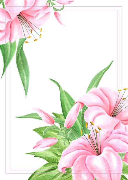 Ręcznie rysowane akwarela różowy bukiet kwiatów lilii izolowany na białym tle Notatnik kartka pocztowa transparent etykieta plakat