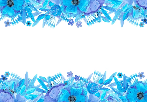 Ręcznie rysowane akwarele niebieskie kwiaty i liście ramka graniczna Izolowana na białym Może być używana do kart banerów zaproszeń etykiet i innych produktów drukowanych