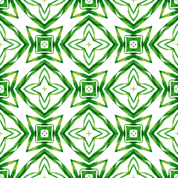 Ręcznie rysowane bezszwowe granica zielona mozaika. Zielony niebanalny letni szyk w stylu boho. Wzór mozaiki. Energetyczny nadruk na tekstyliach, tkanina na stroje kąpielowe, tapeta, opakowanie.