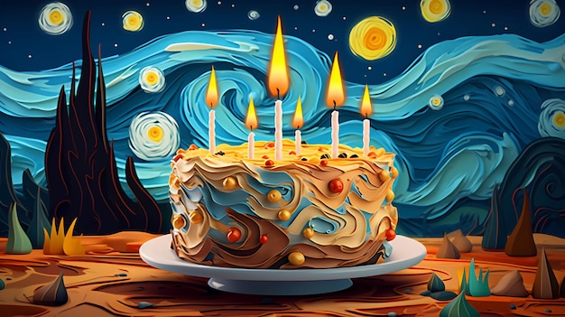 Ręcznie rysowane ilustracja kreskówka piękne gwiaździste niebo tort urodzinowy