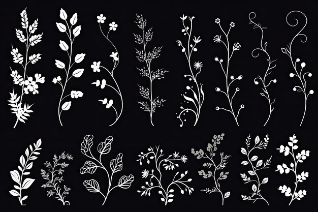 Ręcznie rysowane ilustracje gałęzi i kwiatów, kapryśna ikonografia oparta na magii wygenerowana przez sztuczną inteligencję