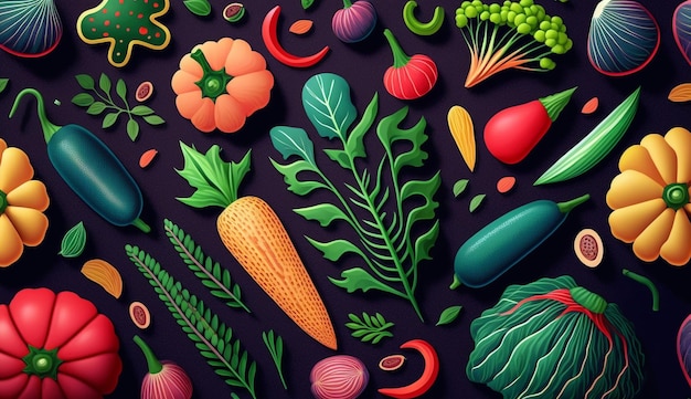 Ręcznie rysowane ilustracje warzywne z odważnymi, żywymi kolorami Generative AI
